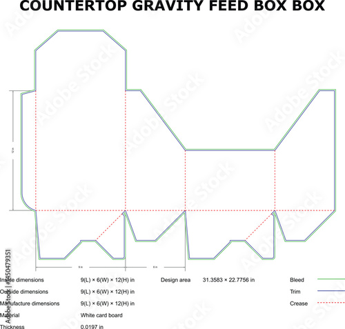 Detailed diagram showcasing the dimensions and design of a countertop gravity feed box used in product packaging.