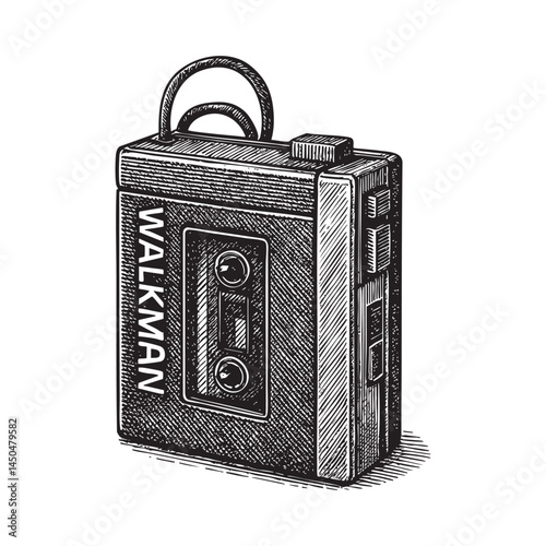 Walkman cassette player woodcut engraving vector illustration