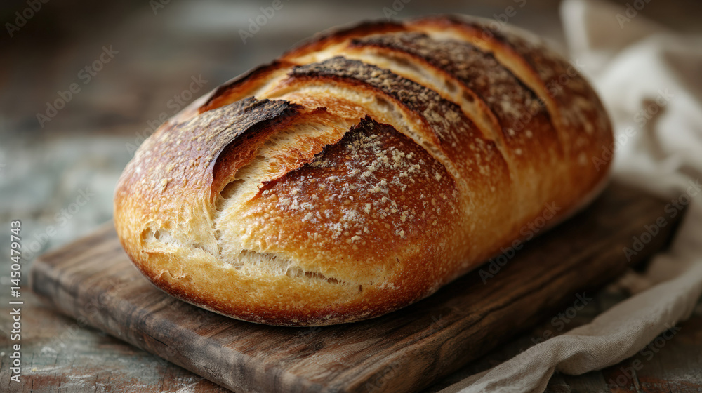 A freshly baked loaf of crusty sourdough bread sits on a rustic wooden cutting board A freshly baked loaf of crusty sourdough bread sits on a rustic wooden cutting board
