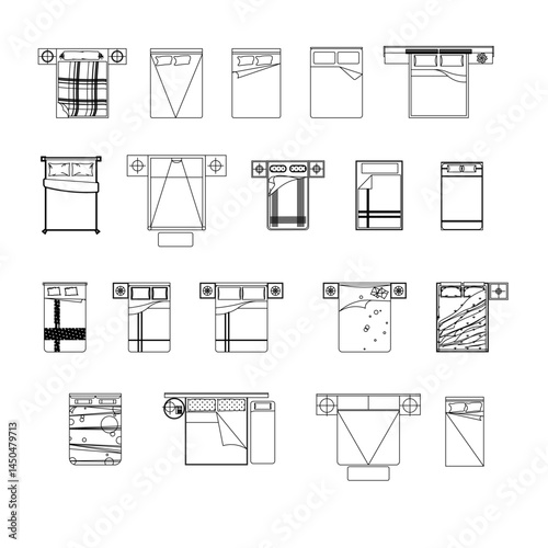 Top-view vector icon set of double beds in various styles and arrangements. Ideal for use in floor planning, interior design, and home renovation projects.