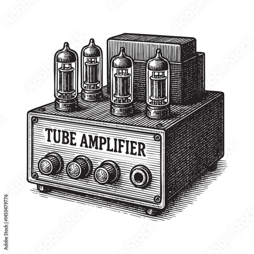 Tube amplifier woodcut engraving vector illustration