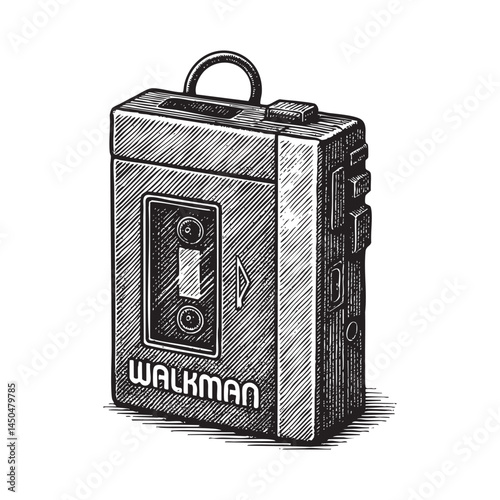 Walkman cassette player woodcut engraving vector illustration