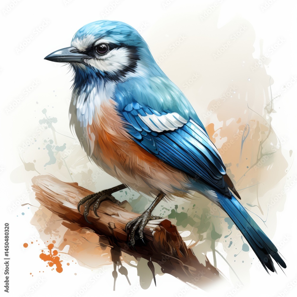 Colorful Blue Jay Bird Perched on Branch watercolor style on white background
