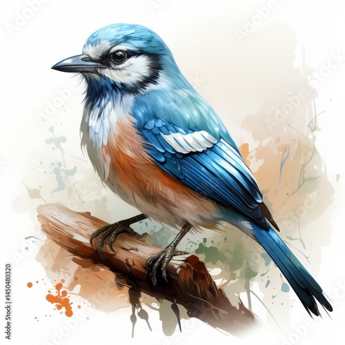 Obraz na płótnie Colorful Blue Jay Bird Perched on Branch watercolor style on white background w salonie