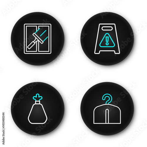 Set line Hanger wardrobe, Garbage bag, Wet floor and Rubber cleaner for windows icon. Vector