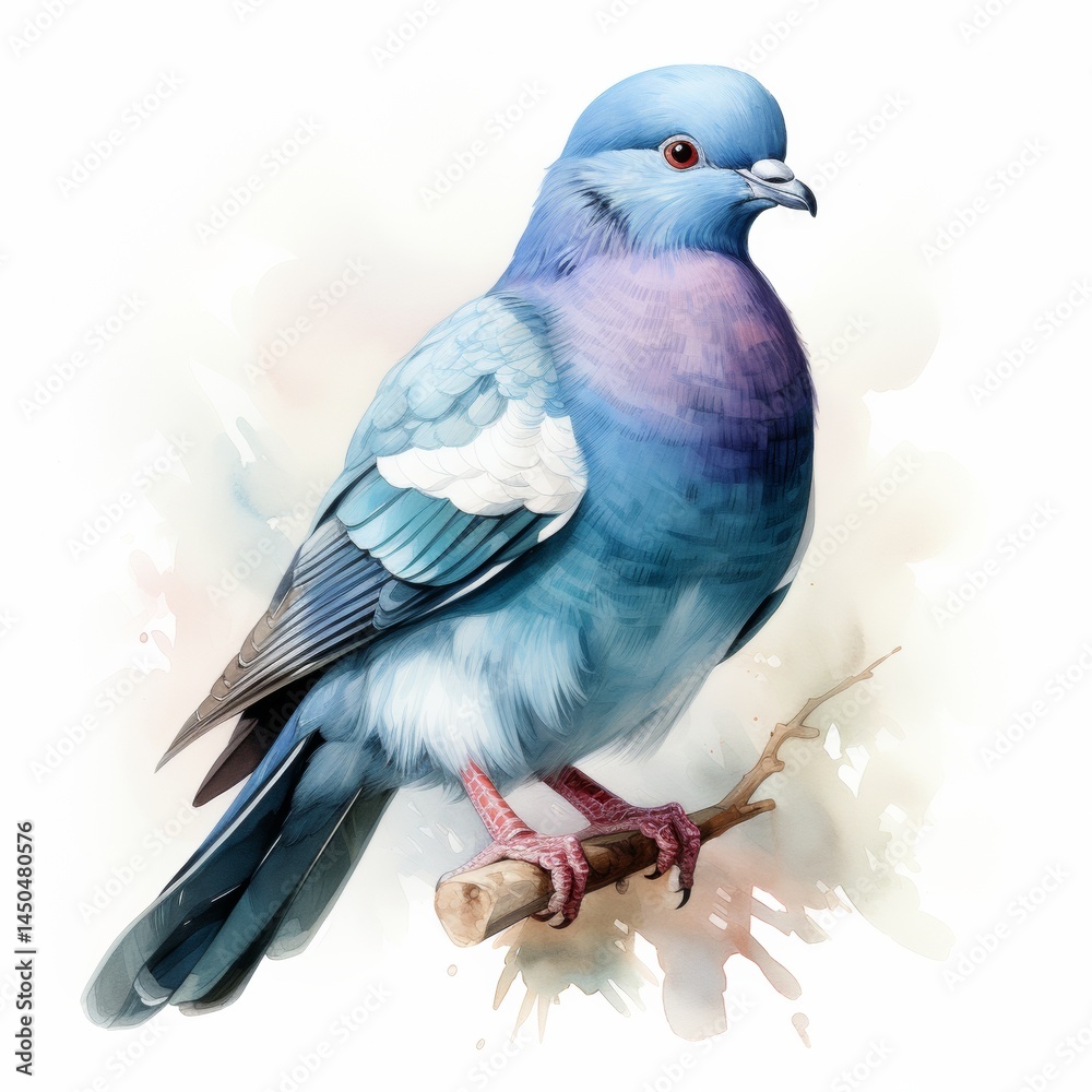 Blue Pigeon perching on a Branch watercolor style on white background