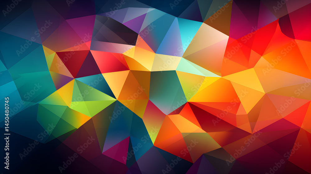 Fototapeta premium A vibrant, colorful abstract geometric pattern with a mix of warm and cool colors, featuring a gradient of hues from deep reds and oranges to lighter yellows and blues, set against a dark