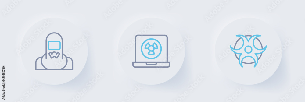 Set line Biohazard symbol, Nuclear laptop and reactor worker icon. Vector Set line Biohazard symbol, Nuclear laptop and reactor worker icon. Vector