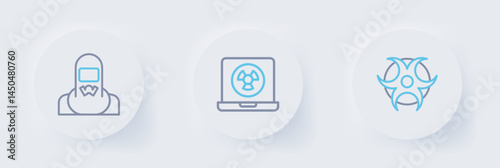 Set line Biohazard symbol, Nuclear laptop and reactor worker icon. Vector