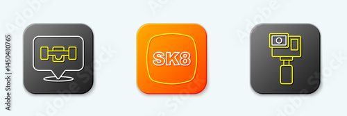 Set line Skateboard wheel, and Action camera icon. Vector