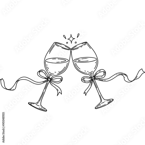 Wine glasses cheers with ribbons for celebration and special occasion in doodle style vector illustration