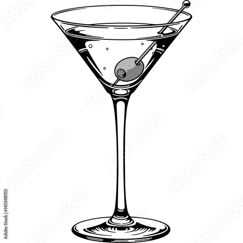 Martini glass with olive and cocktail stick showcases a classic beverage in a clear glass with a long stem perfect for bar or drink illustrations