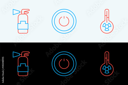 Set line Meteorology thermometer, Fire extinguisher and Power button icon. Vector