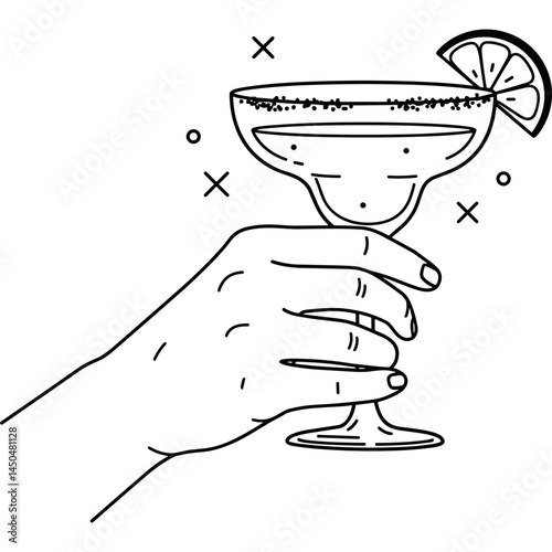 Hand holding cocktail glass with lime garnish and salt rim in line art style for bar or party invitation design