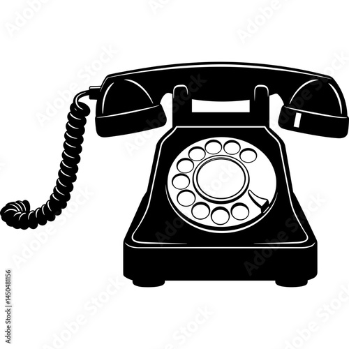 Black and white vintage telephone with rotary dial and cord representing classic communication device. Retro telephone with handset and dial for old-fashioned communication