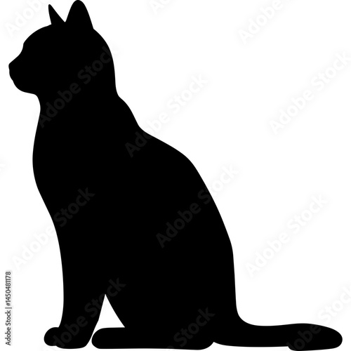 Silhouette of black cat sitting in profile with pointy ears and long tail in studio shot