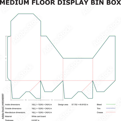 Detailed diagram of a medium floor display bin box outlining dimensions design area bleed trim and crease specifications for packaging and display purposes.