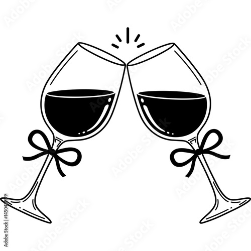 Wine glasses clinking with red wine in black and white illustration with bows on stems for celebration and cheers moment