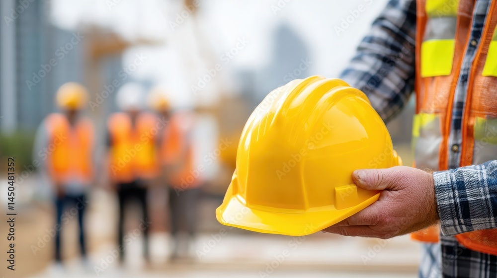 Construction engineer wearing ppe holds hard hat site urban environment professional action shot Construction engineer wearing ppe holds hard hat site urban environment professional action shot