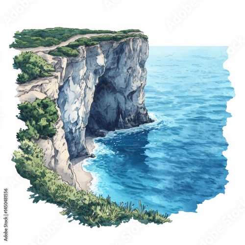Obraz na płótnie Cliffside View of the Serene Ocean Coastal Landscape watercolor style on white background w salonie