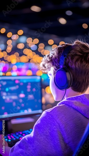 Teenager engrossed in a vibrant video game, illuminated by purple lights and a bokeh background