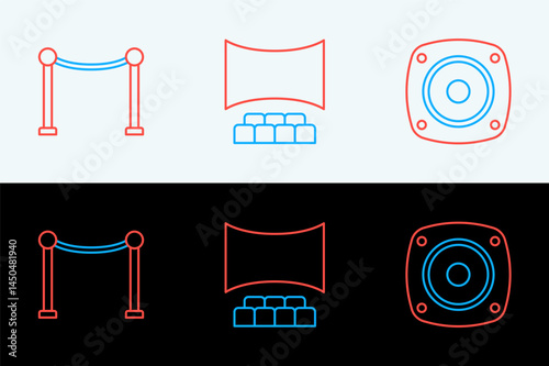 Set line Stereo speaker, Rope barrier and Cinema auditorium with screen icon. Vector