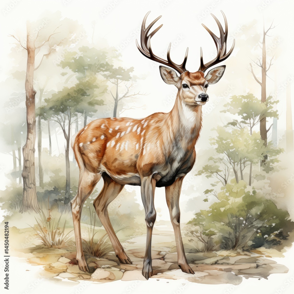 Majestic Deer in Serene Forest watercolor style on white background