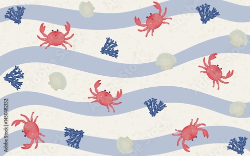 Summer pattern featuring watercolor crabs on a nautical background, brach, sand, sea. Vacation concept