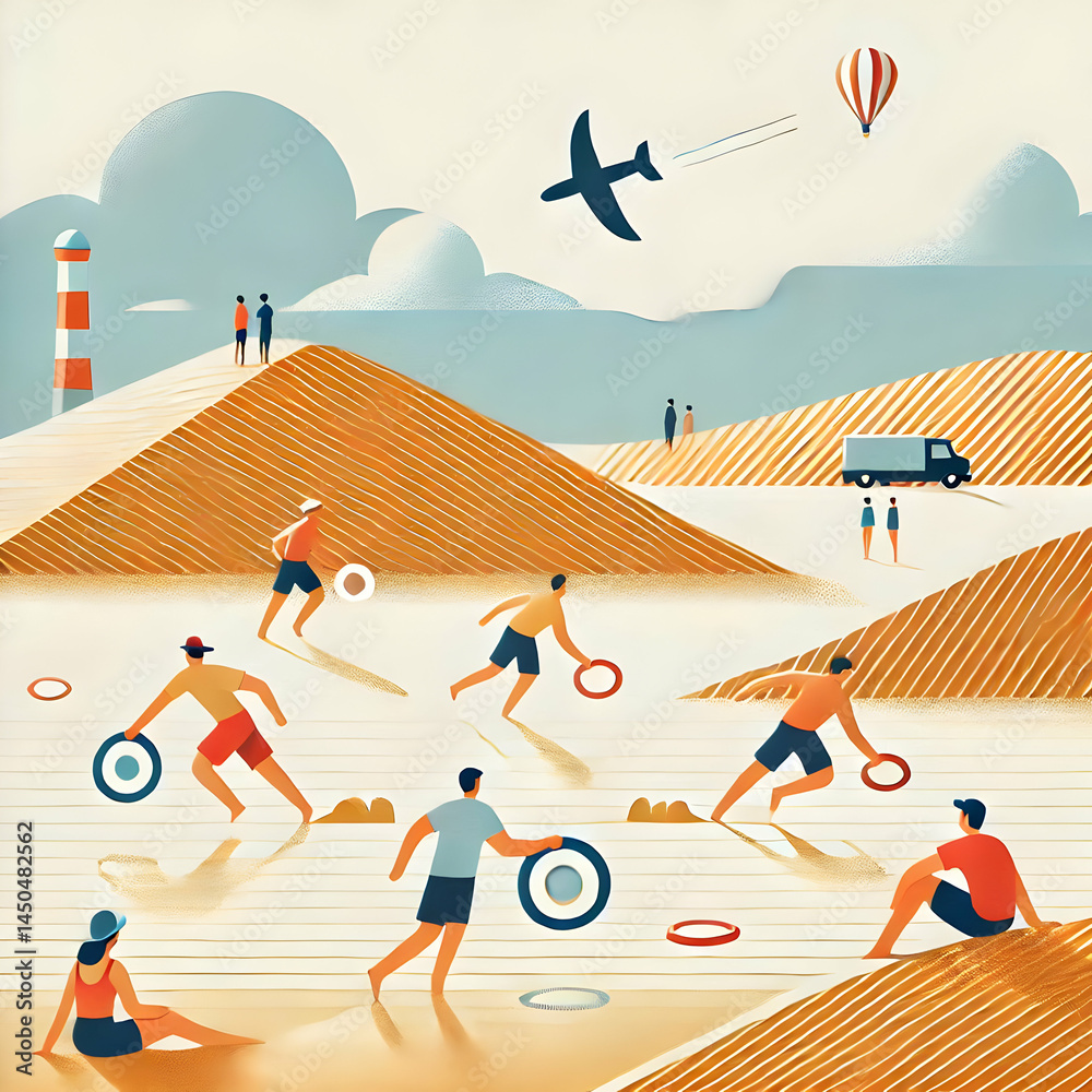 Obraz premium A flat minimalist illustration of friends walking casually in a park, with aligned trees and a smooth pathway on a clean white background.