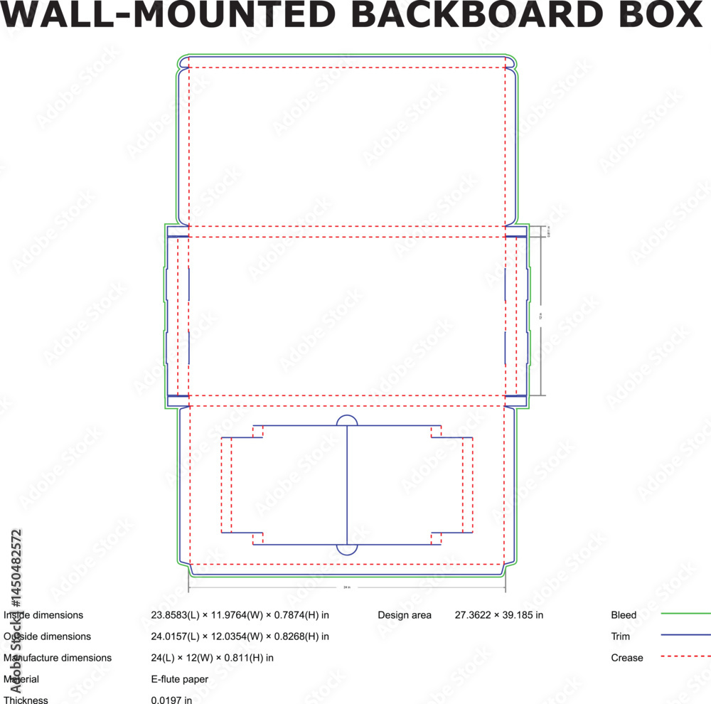 Detailed schematic diagram of a wall-mounted backboard box design with measurements for precise manufacturing and construction.