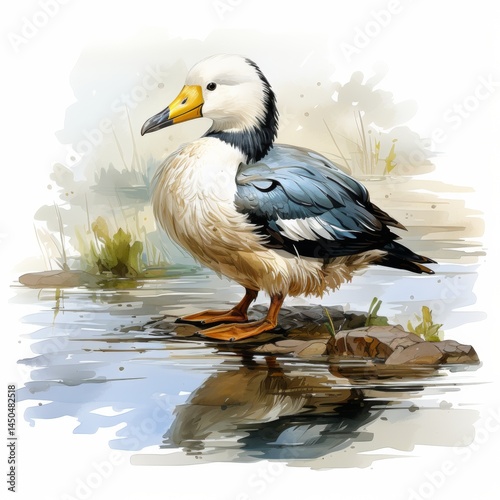 Swimming Duck in Wetland watercolor style on white background