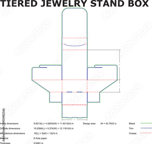 Detailed flat packaging box template for a tiered jewelry stand with dimensions and design area for professional use.