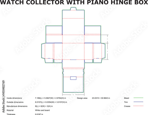 Flat schematic design of a piano hinge watch collector box with key dimensions and specifications for manufacturing.