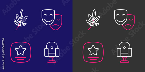 Set line Director movie chair, Walk of fame star, Comedy and tragedy masks and Movie trophy icon. Vector