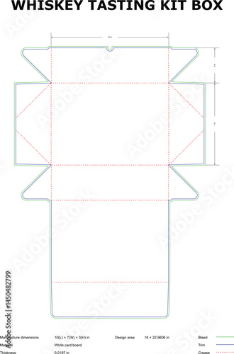 Detailed blueprint design of a whiskey tasting kit box, featuring dimensions, creases, and material specifications for packaging.