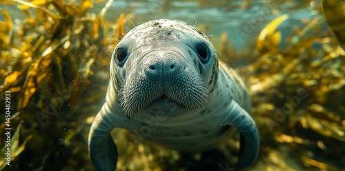 Underwater Exploration of a Manatee in Kelp Forest Marine Life Photography Ocean Depths Close-up Perspective
