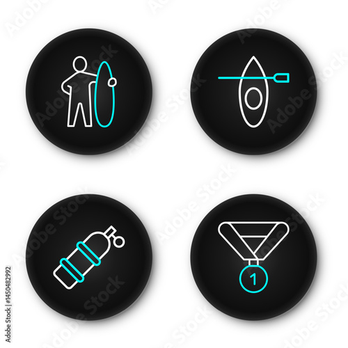 Set line Medal, Aqualung, Kayak and paddle and Surfboard icon. Vector