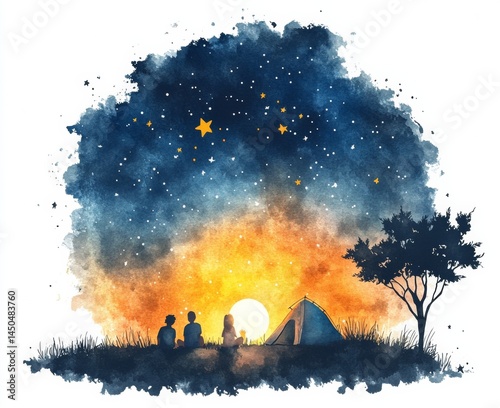 Camping Under the Stars A Nighttime Gathering in Nature's Embrace Watercolor Artwork Serene Landscape View
