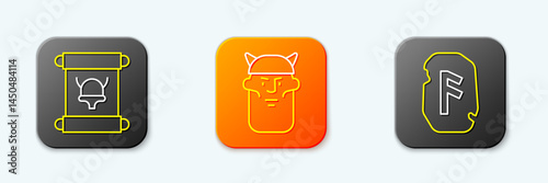 Set line Decree, parchment, scroll, Viking head and Magic rune icon. Vector