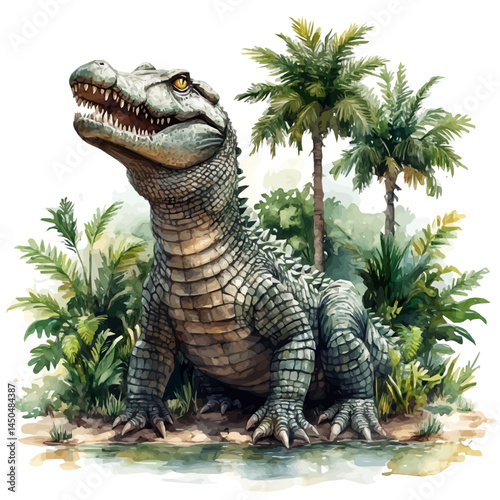 Giant Crocodile In A Jurassic Swamp, watercolor vector, isolated on a white background.