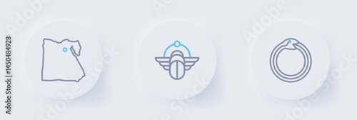 Set line Magic symbol of Ouroboros, Tropical palm tree and Map Egypt icon. Vector