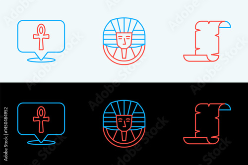 Set line Papyrus scroll, Cross ankh and Egyptian pharaoh icon. Vector