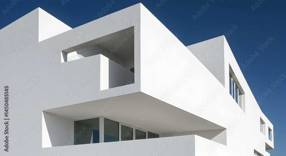 Minimalist White Building Facade With Geometric Architecture Under Clear Blue Sky Minimalist White Building Facade With Geometric Architecture Under Clear Blue Sky