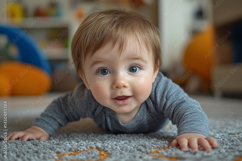 Crawling Baby in a Playful Room Lifestyle Photo Indoor Cheerful Perspective