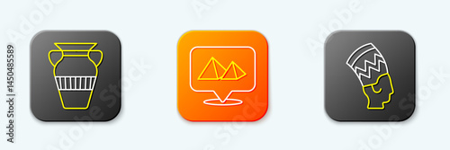 Set line Egyptian vase, pyramids and Nefertiti icon. Vector