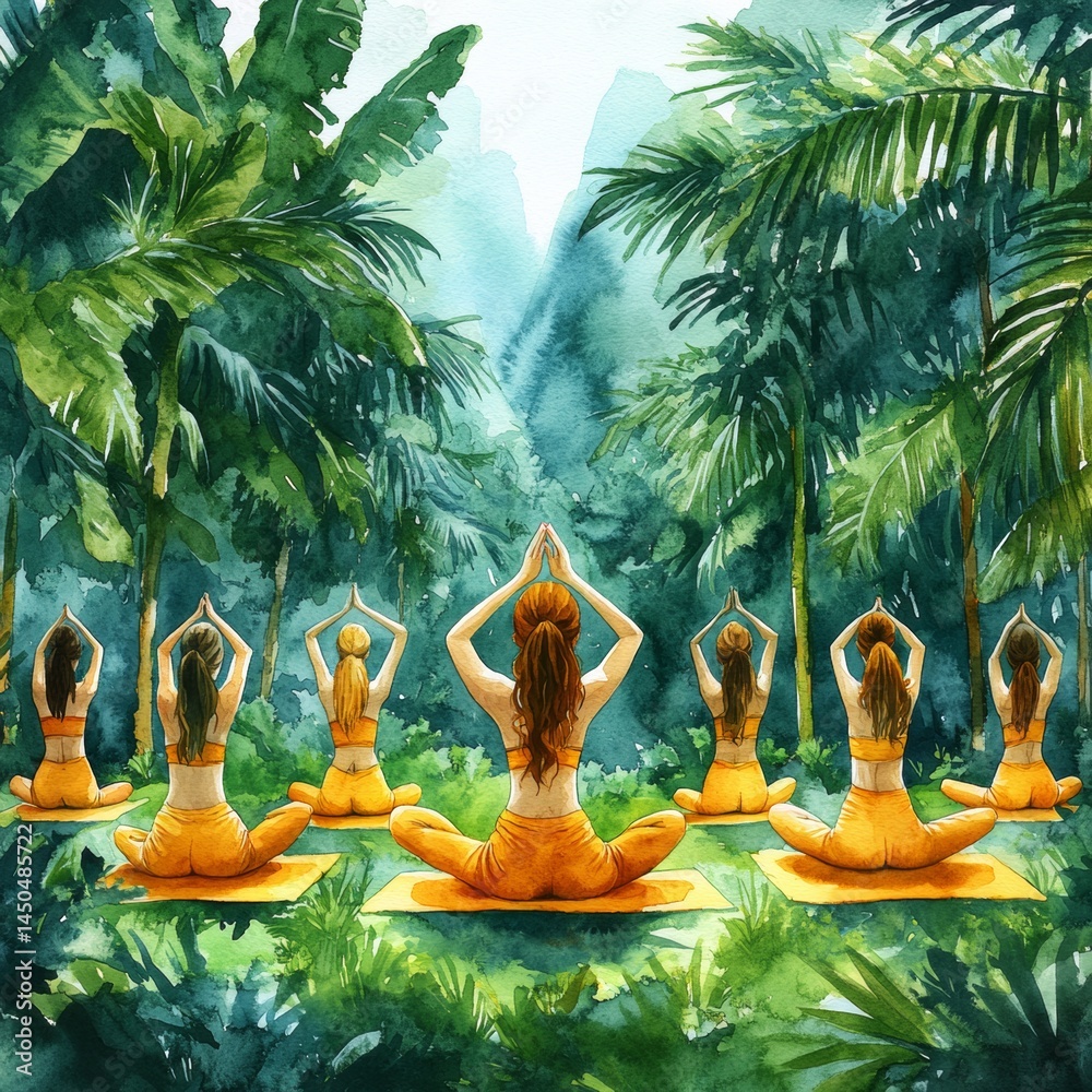 Yoga Retreat in Lush Jungle Group Meditation Tropical Forest Serene Aerial View Mindfulness Practice