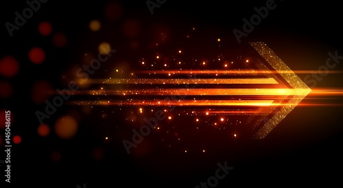 Abstract Golden Arrow with Glowing Lines and Particles on Black Background