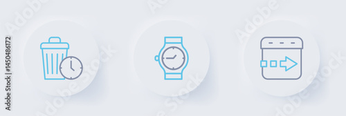 Set line Time flies on the clock, Wrist watch and Waste of time icon. Vector
