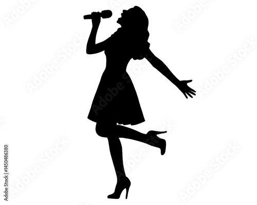 Silhouette of female singer singing, isolated icon on white background.