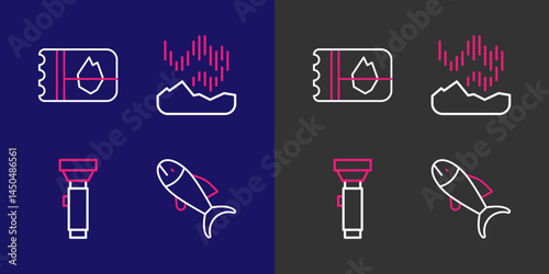 Set line Fish, Flashlight, Northern lights and Ticket in Iceland icon. Vector